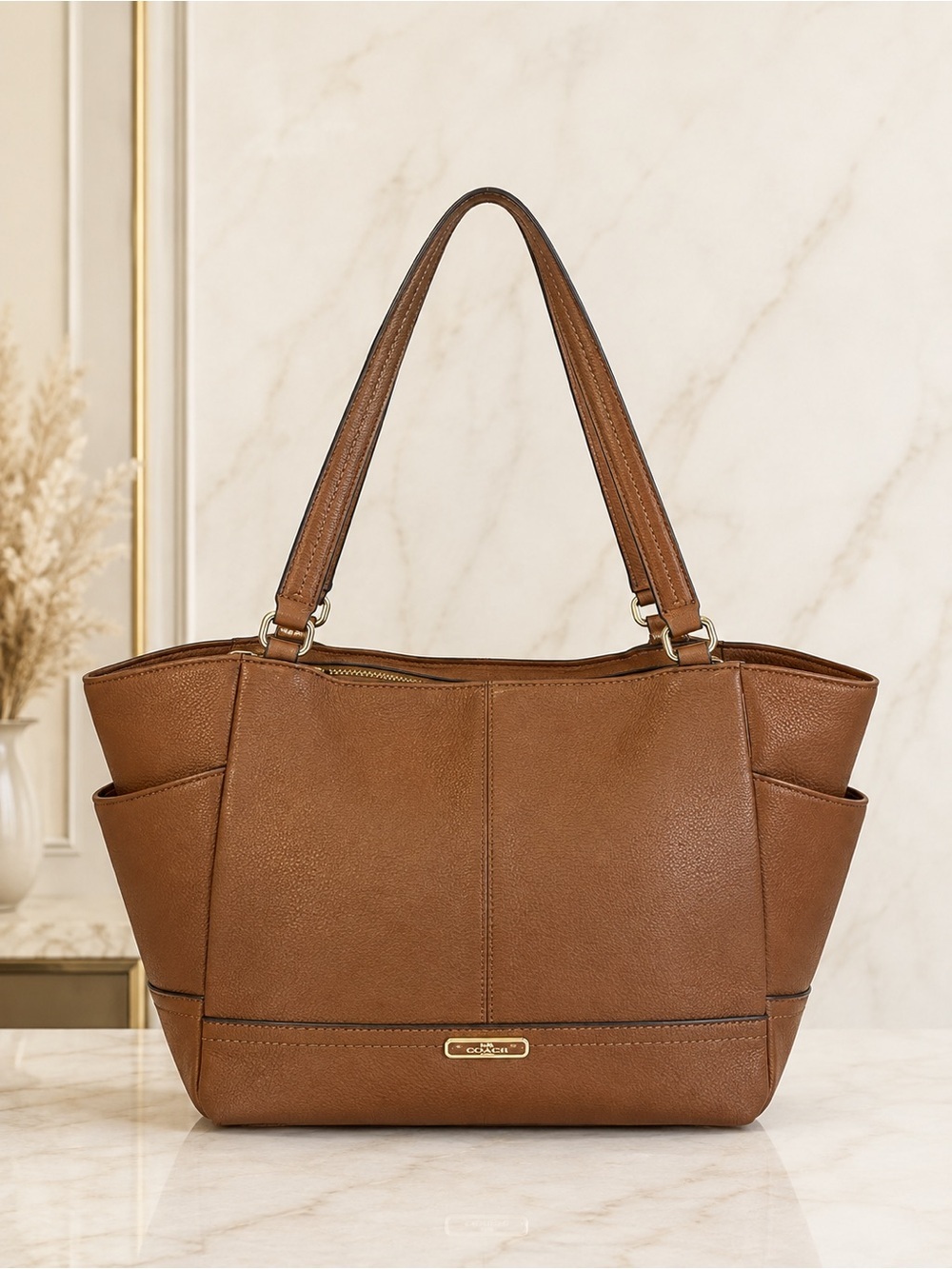 Coach Park Carrie Brown Pebbled Leather Large Zip Top Tote Shoulder Bag
